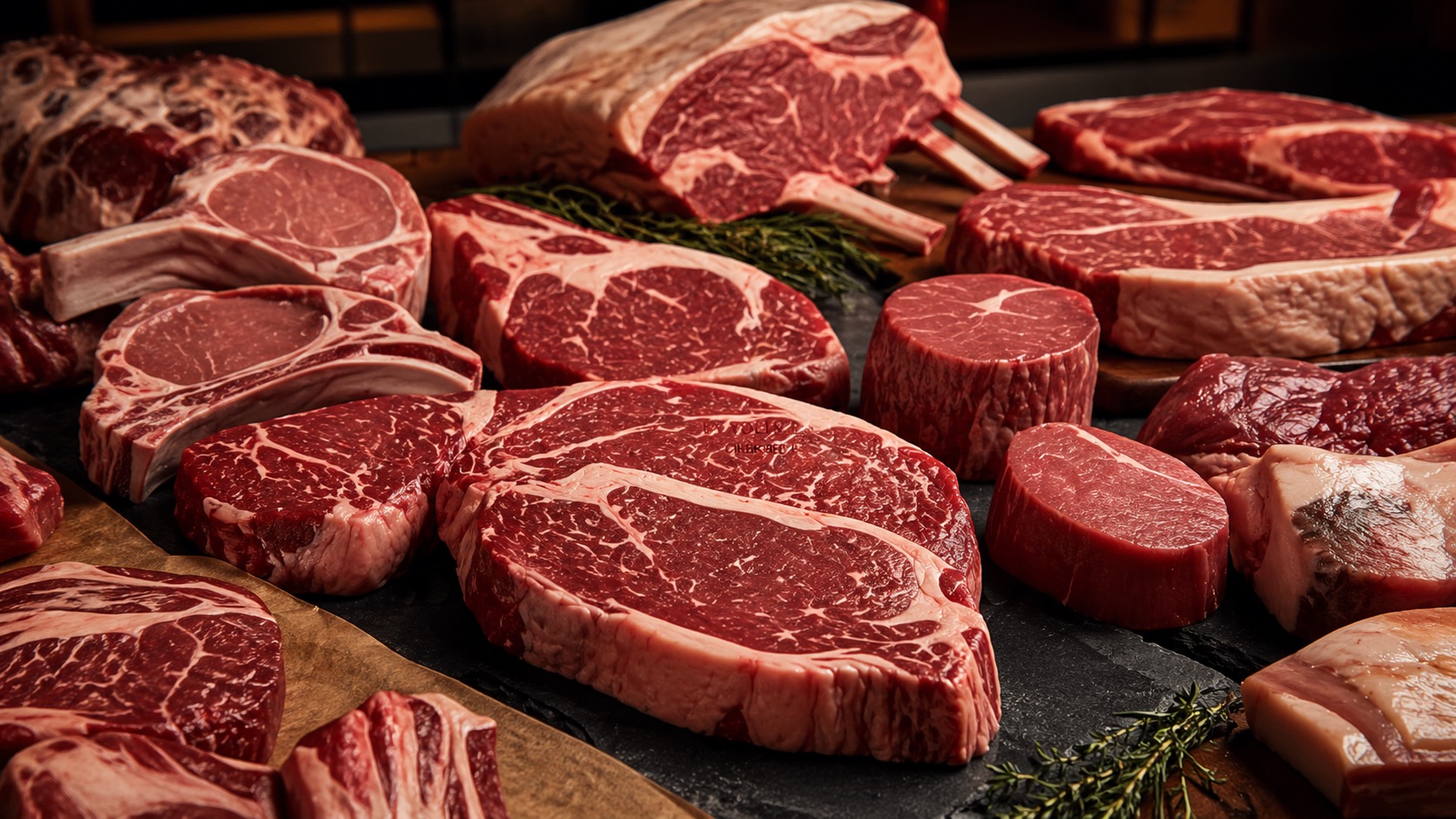 Butcher display case with premium meat cuts